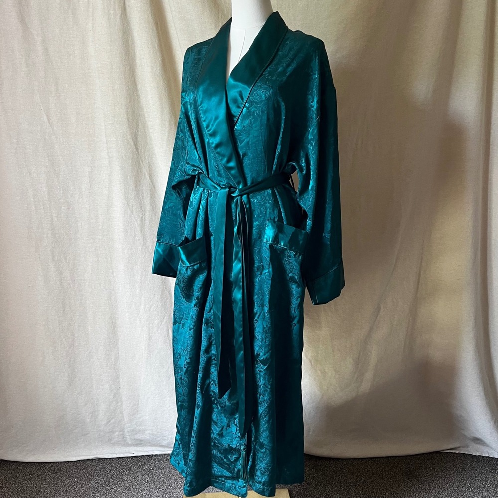 Vintage Victoria's Secret Gold Label Emerald Jacquard Satin Robe Tassel S
